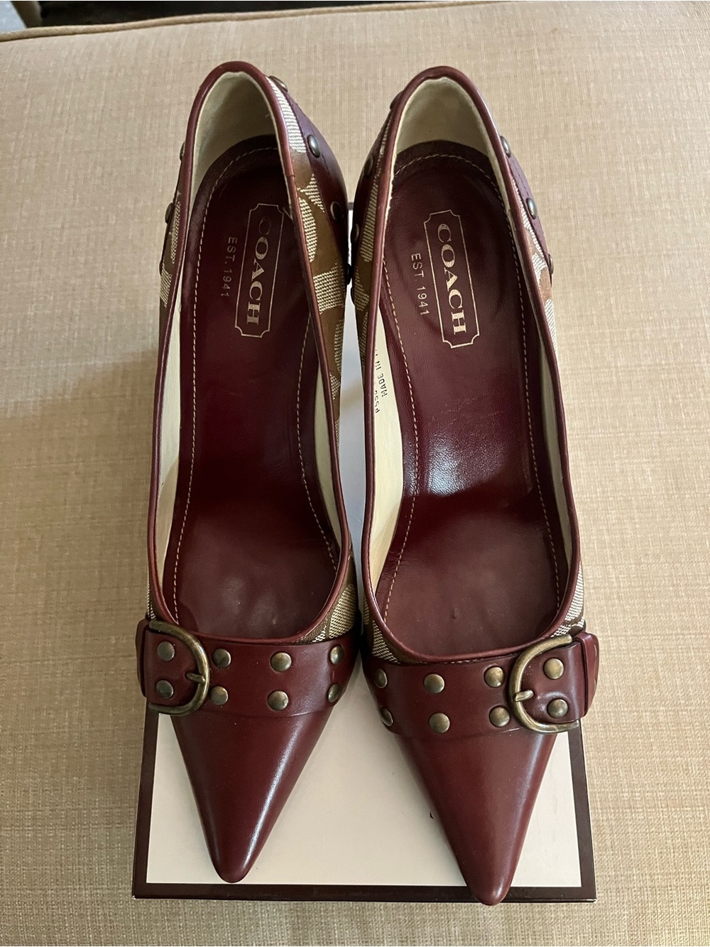 Coach Burgundy Leather Pointed Toe Heels with Studded Buckle